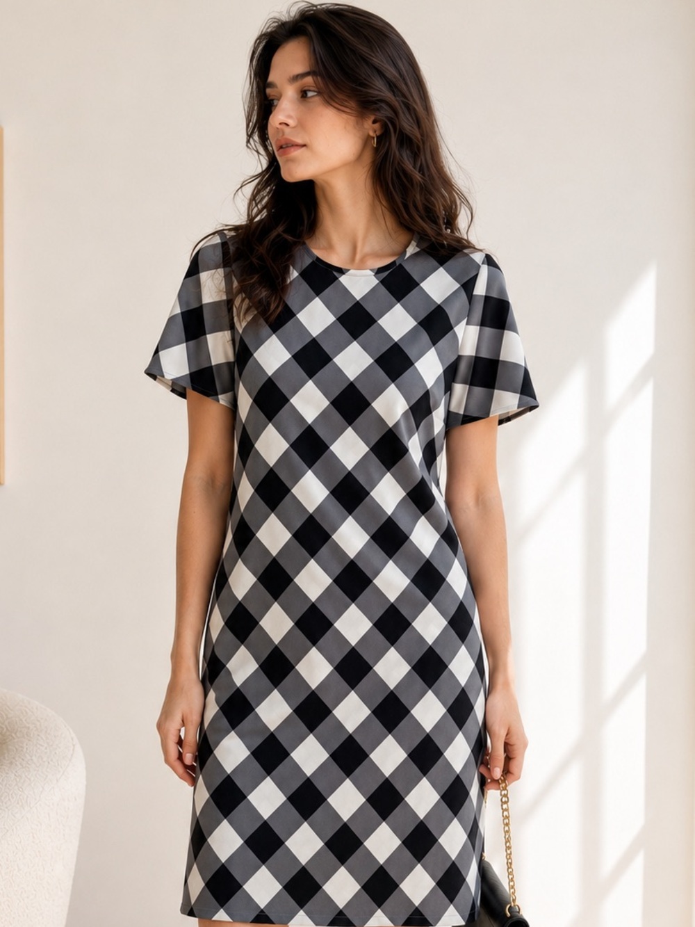 Ann Taylor Women’s Black Gray & White Geometric Check Shift Dress Size 2